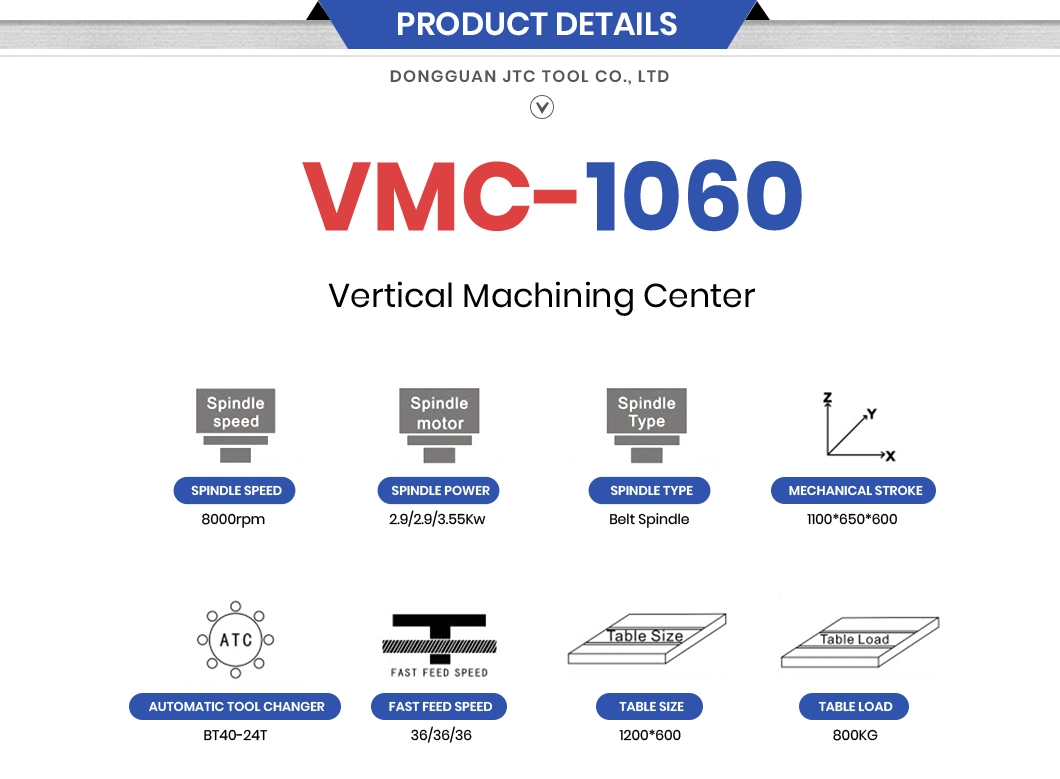 Jtc Tool 850 Table Travel X mm Drill and Tapping Machining Center Factory Vmc1060 Vmc Tormach CNC Drill Mill China Vertical CNC Machining Center Tool